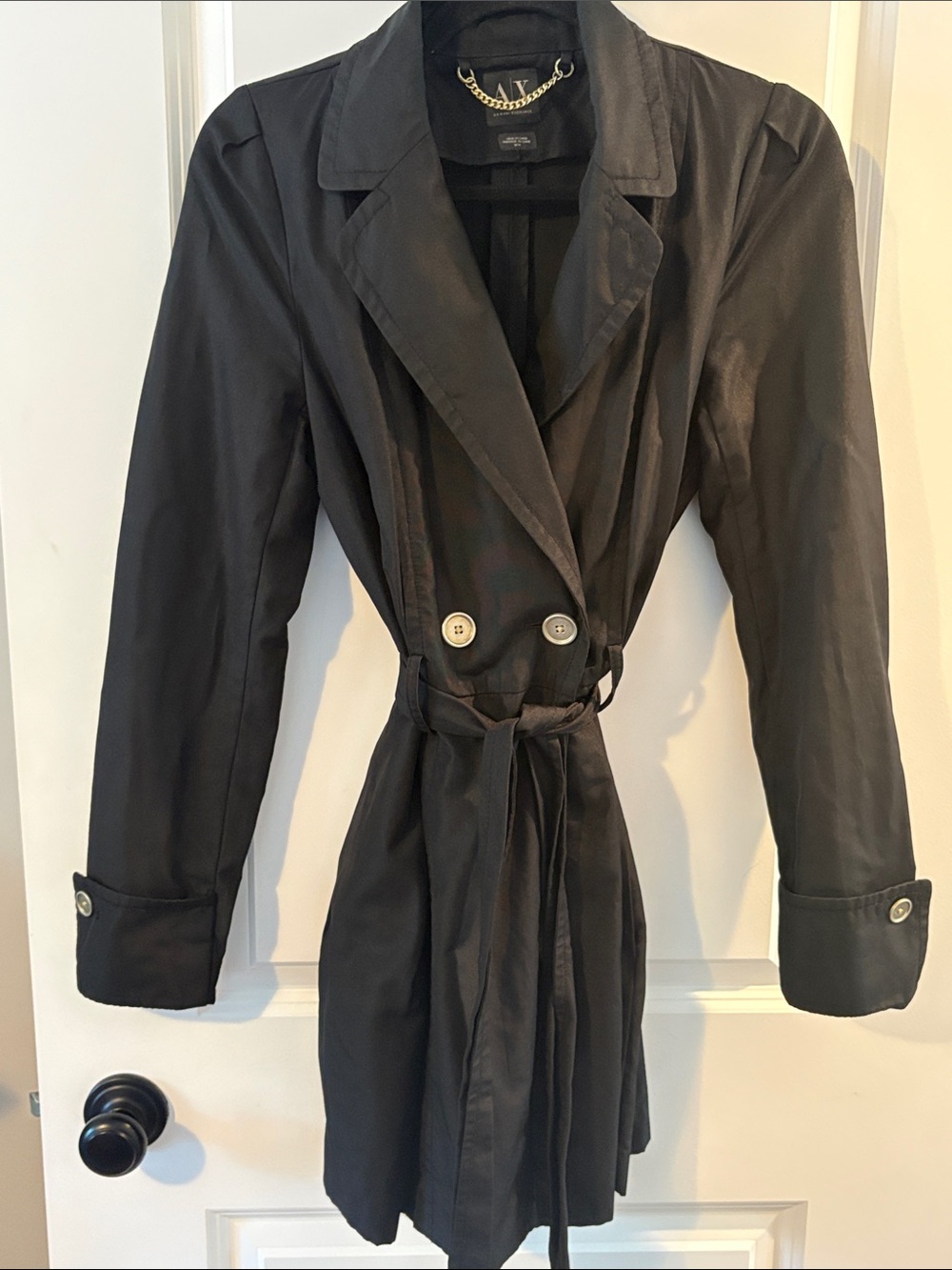 Armani Exchange Black Double-Breasted Trench with Waist Tie